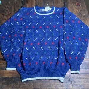 Hennessy Van Heusen Mens XXL Blue Geometric Diamond Knit Crewneck Sweater VTG